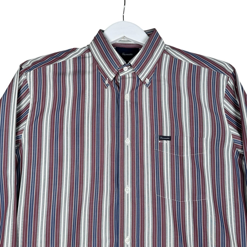 Faconnable Button Up Shirt Striped Maroon Blue White- Men's Medium (Fits Large)